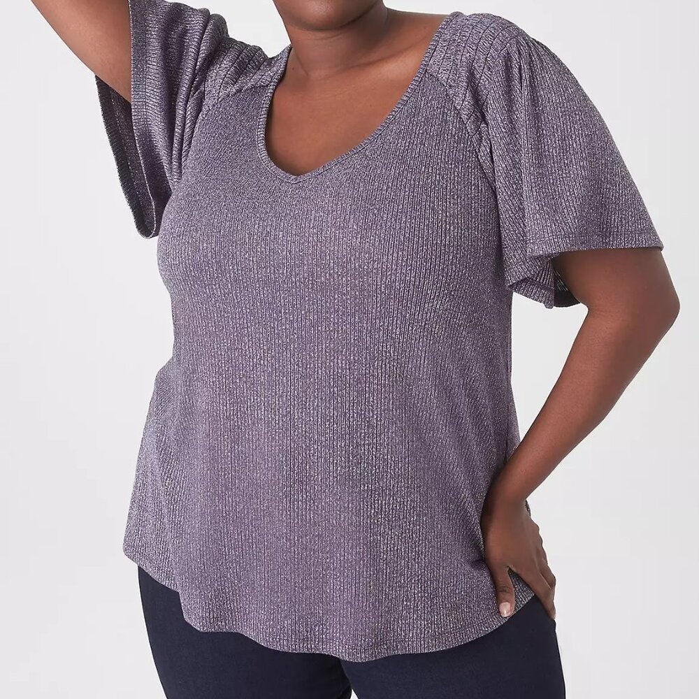 silver / pewter metallic gray flutter sleeve lane bryant top size 14/16